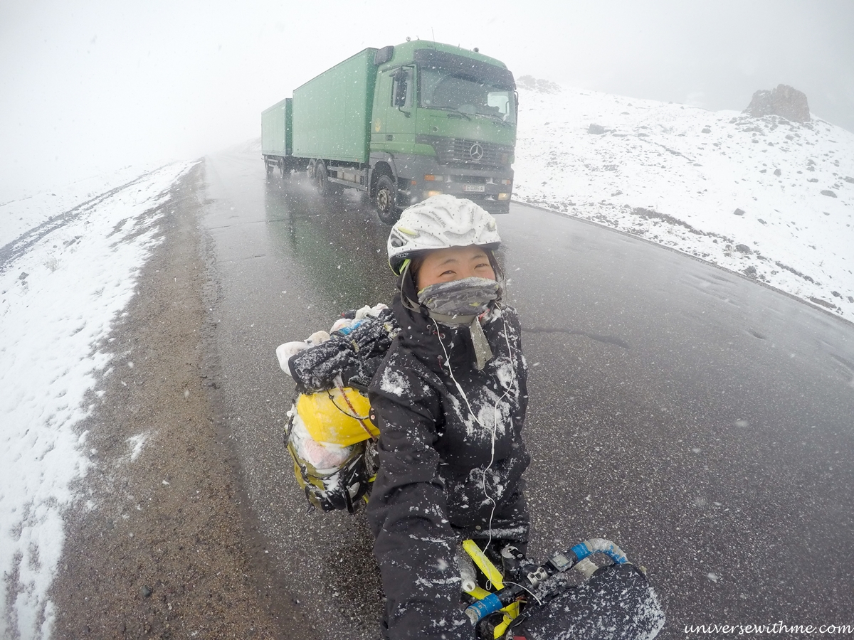 (Kyrgyzstan) Heading to the end of Pamir Highway with snow mountain.